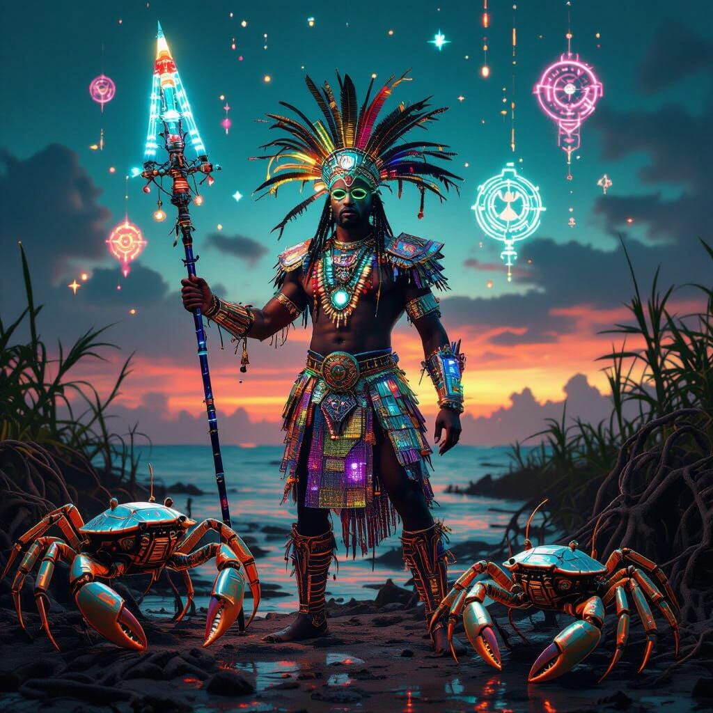 Afrofuturist Warrior in Neon Cyberpunk Recife