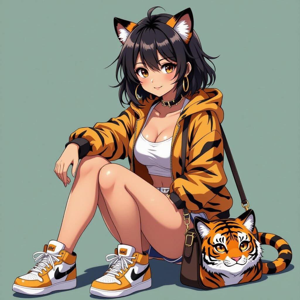 Anime Woman in Tiger Outfit and Sneakers