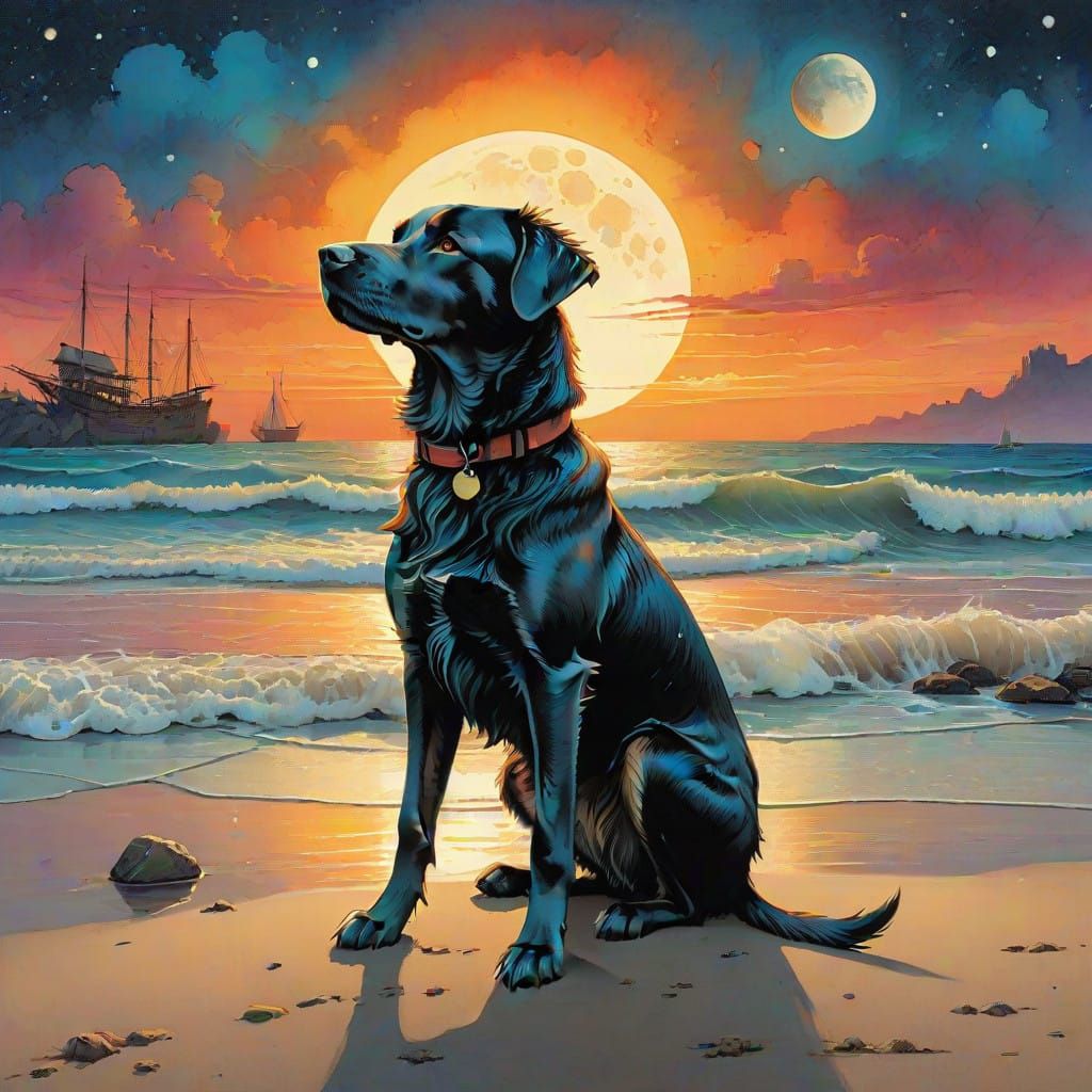 Surreal Coastal Sunset with Celestial Bodies and a Pensive D...