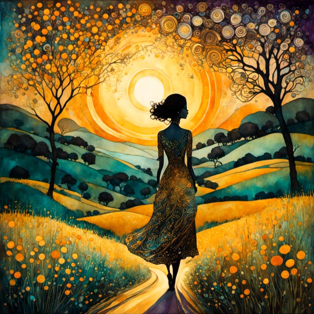 Vibrant Summer Sunset Silhouette in Mixed Media Digital Art