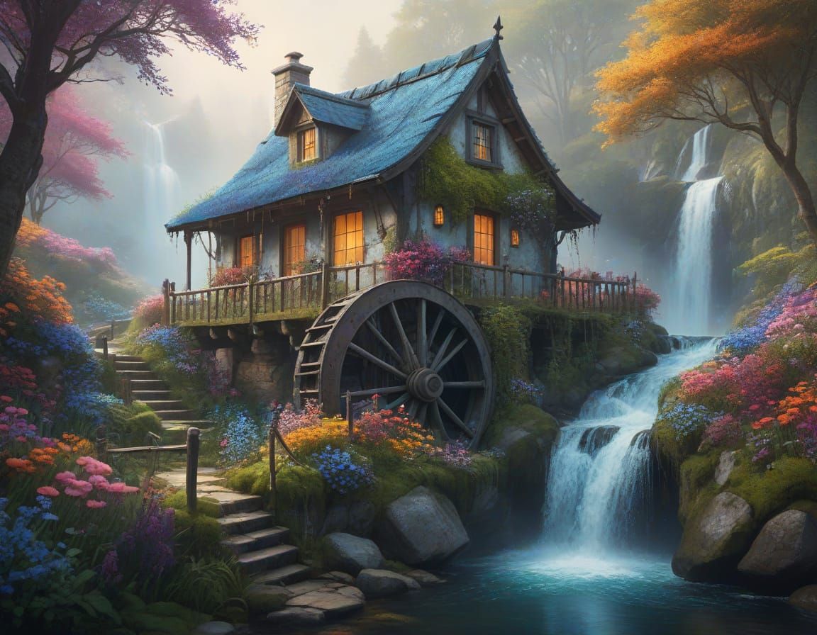 Whimsical Waterwheel in Enchanted Forest