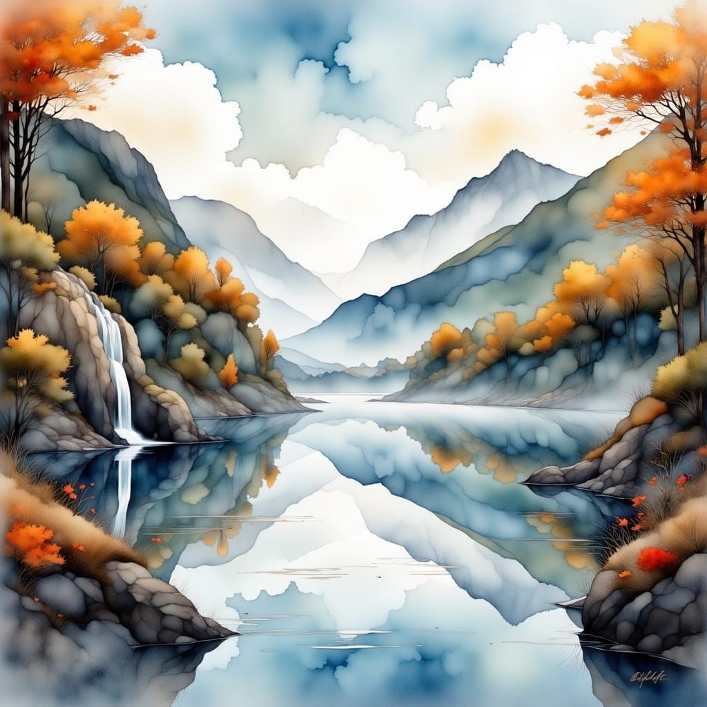 <lora:Liquid Ink Flux:1.0> <lora:Flux - Painterly:1.0> A wide, still fjord with light autumn mist hanging over the water...