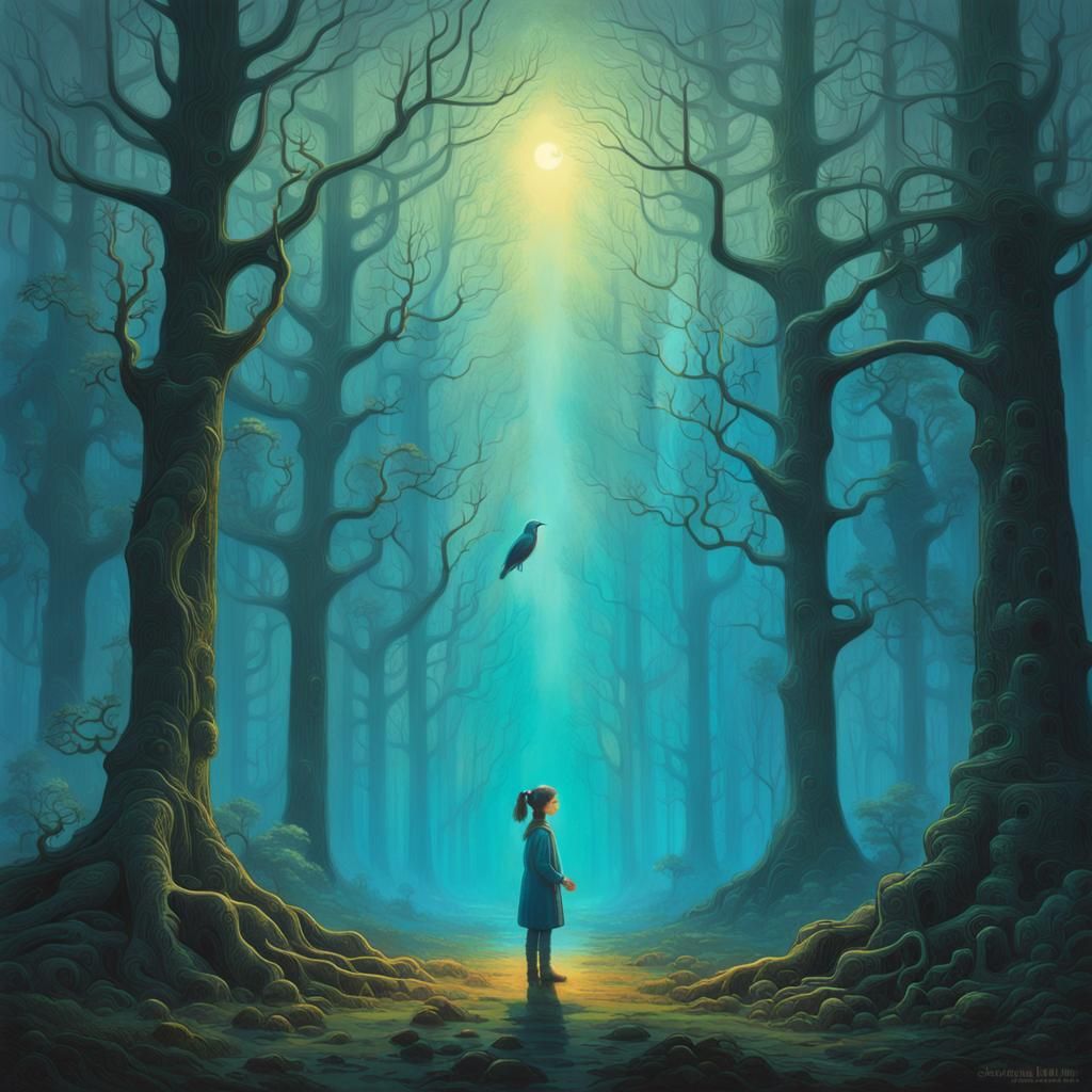 Young Girl Holds Glowing, Iridescent Bird in Dreamlike Fores...