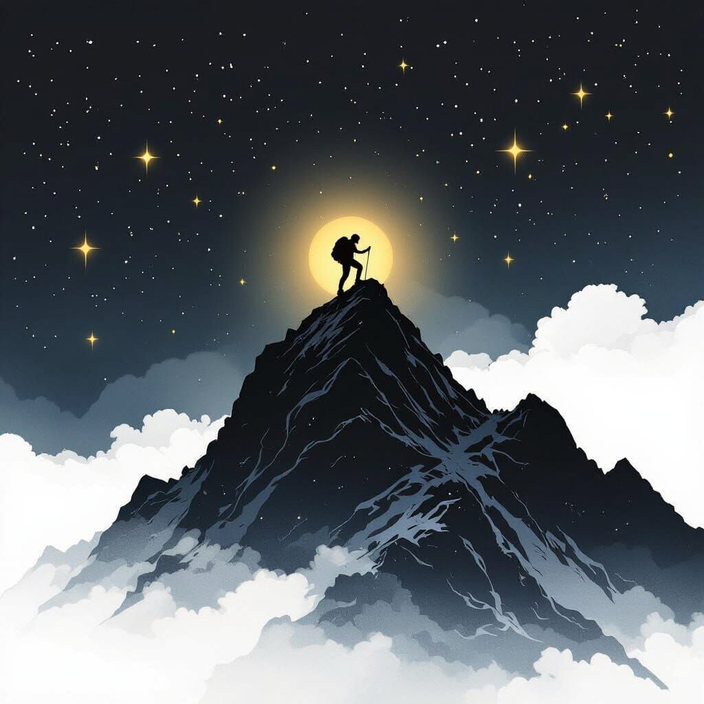 Silhouette Climbs Mountain Under Starry Night Sky