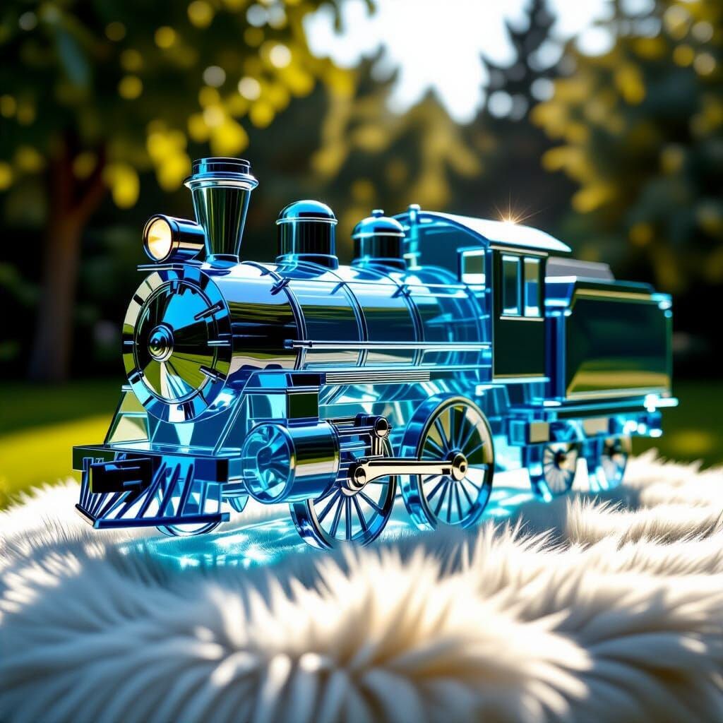 Transparent Glass Train Sculpture on Fur