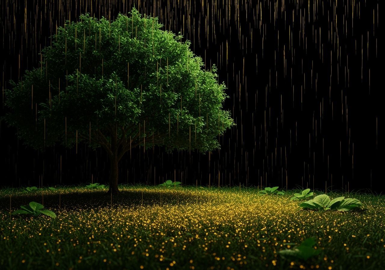 Ethereal Night Scene with Golden Rain, Dreamlike Art