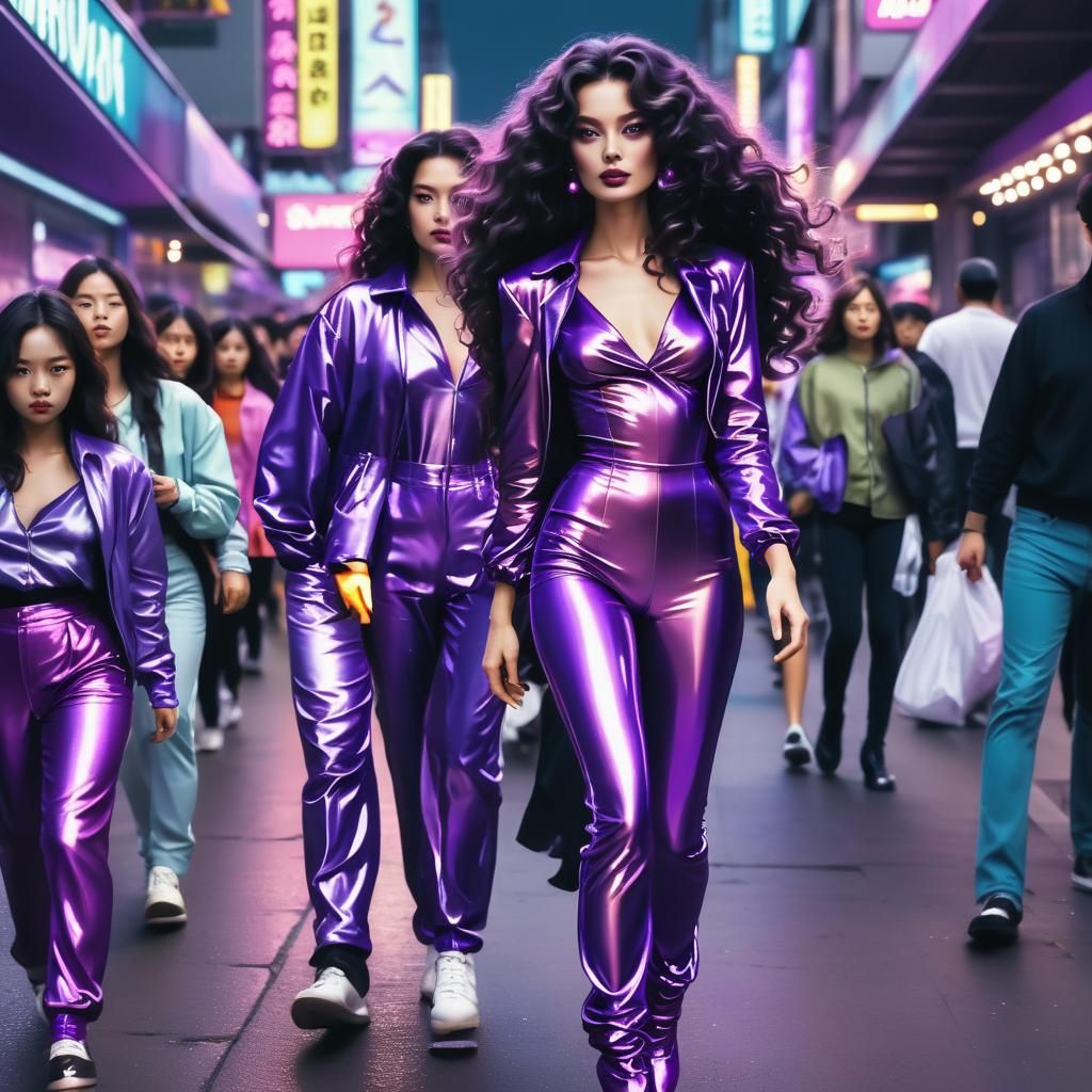 Synthwave Woman Walks Amongst a Crowd of People