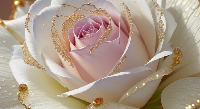 Intricate White Rose with Gold Trim in Morning Dew