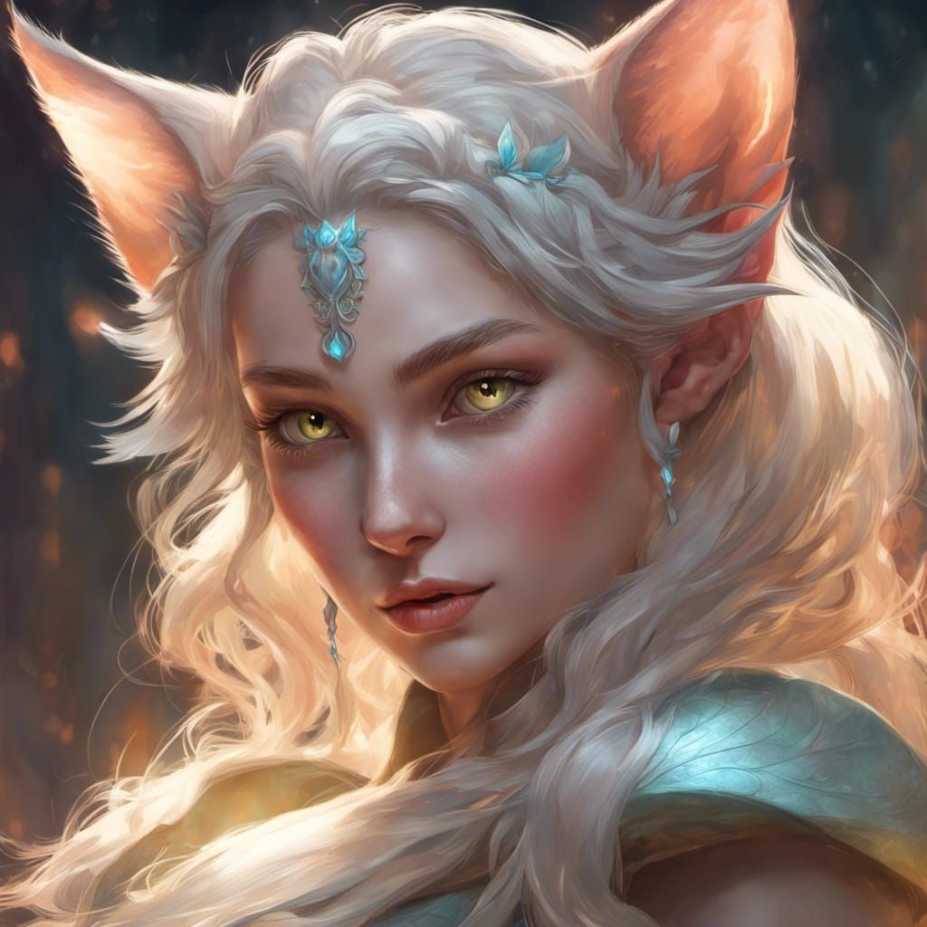 Surreal Kitten Elf Portrait in Vibrant Triadic Colors