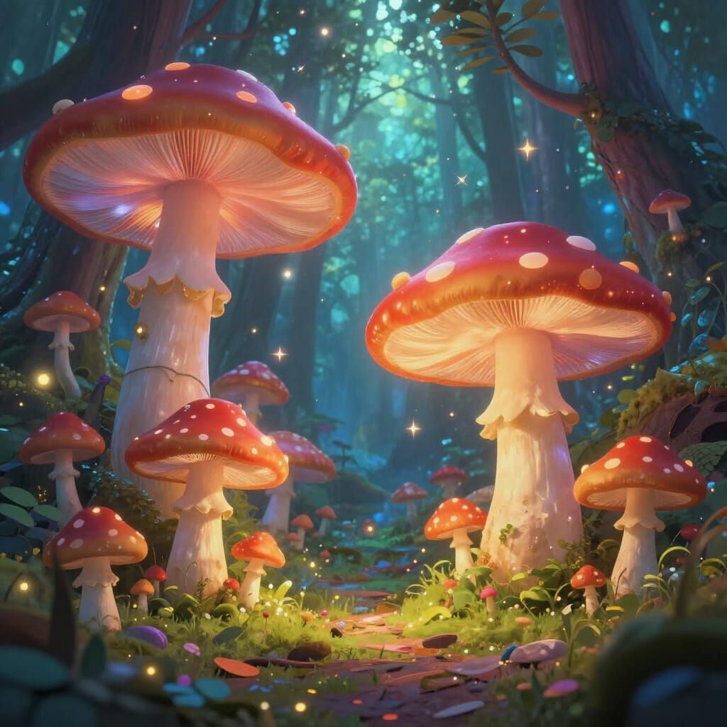 Magical Mushroom Forest Illuminated by Bioluminescence
