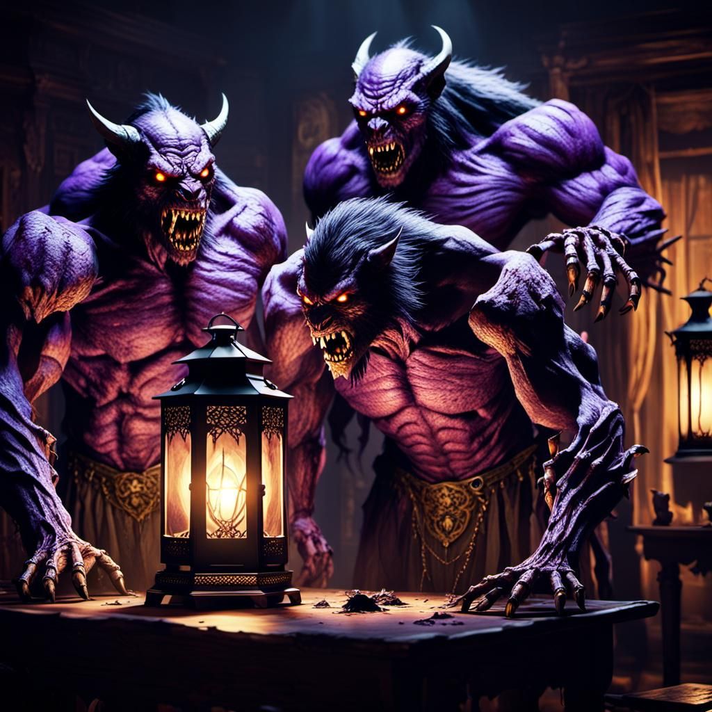 A cinematic shot of three demonic, human-sized beasts with s...