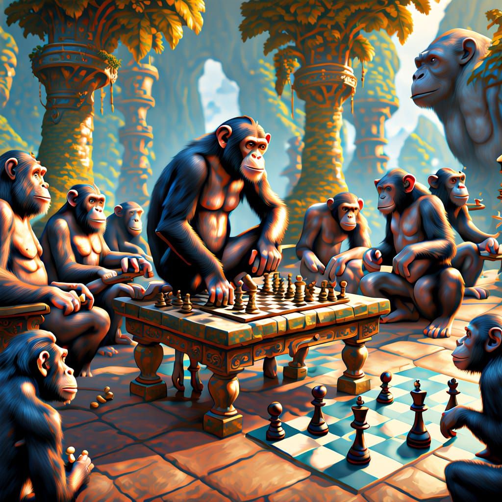 Chimpanzee Chess Game: A Detailed Matte Painting