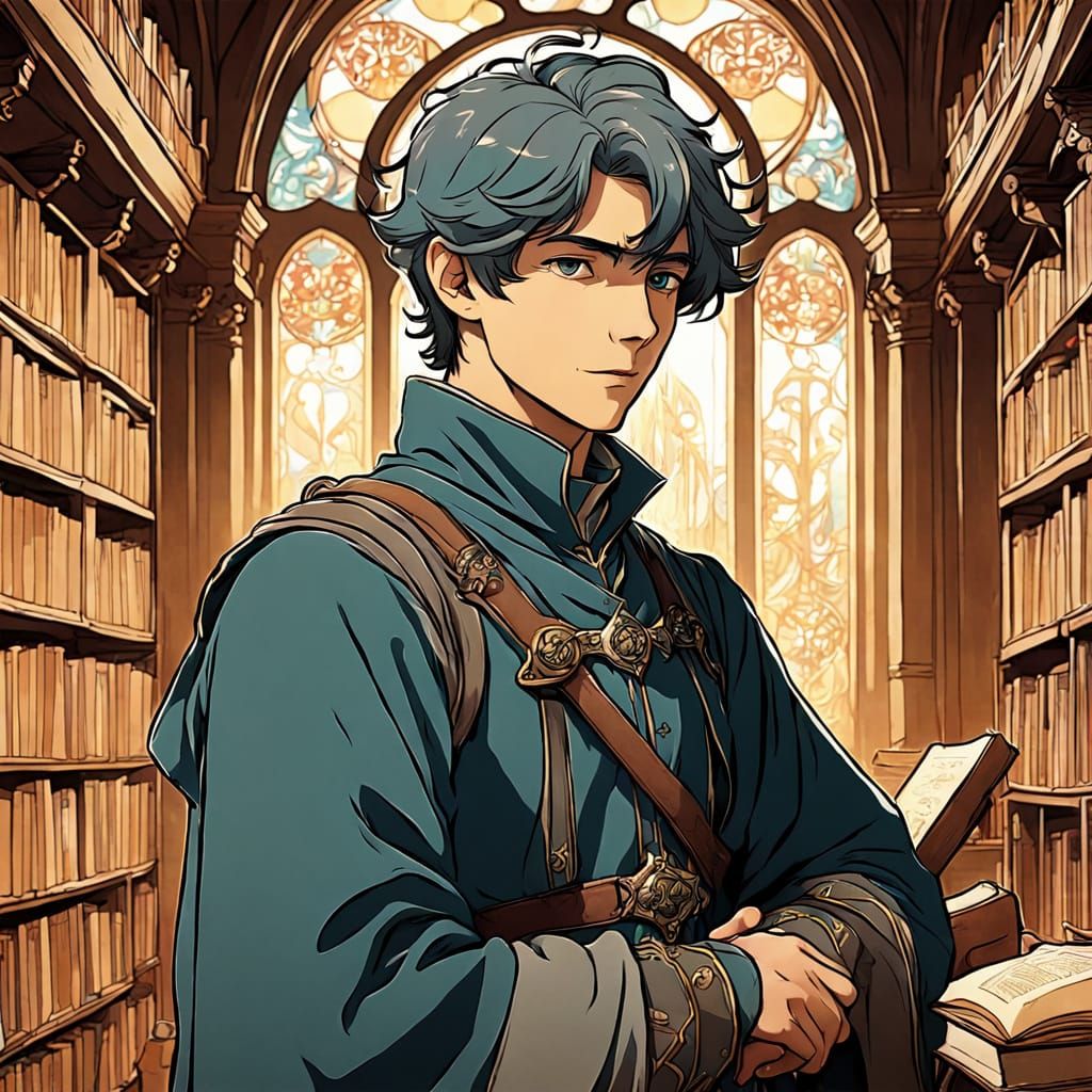 Boy in Medieval Library, Anime Cartoon Style