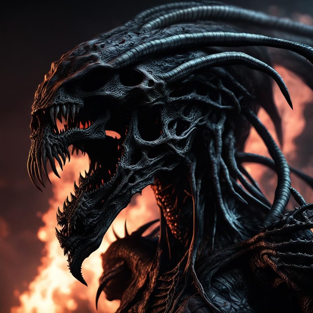 Surreal Xenomorphic Dragon Emerge from Haunting Darkness