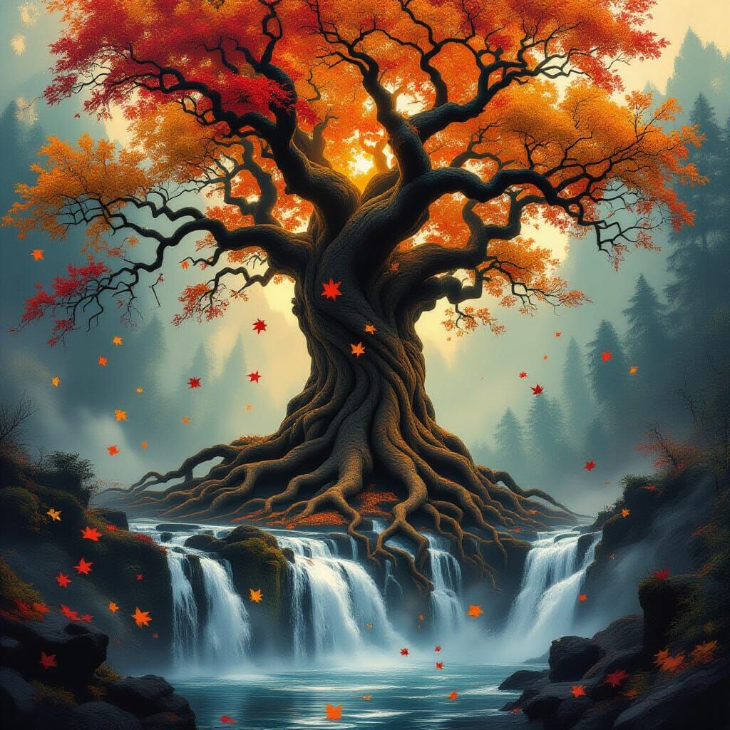 Ancient Tree Waterfall in Mystical Forest Dark Fantasy Art