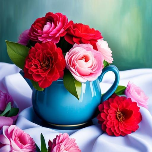 Floral Teapot Still Life in Hyperrealism