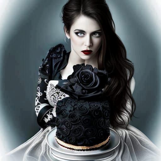 Mysterious Gothic Beauty Admires Dark Velvet Cake