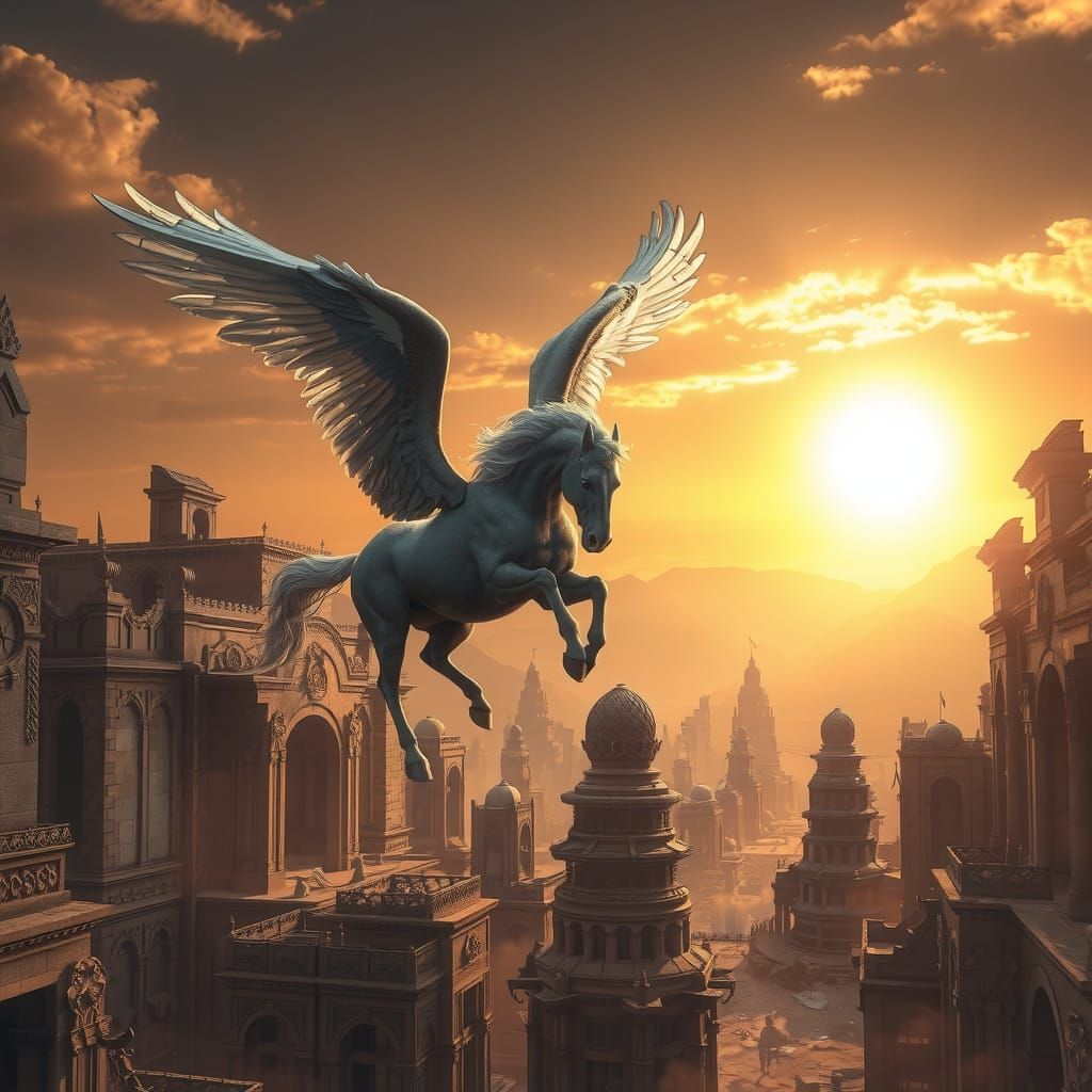 Majestic Pegasus soars through Crumbling Metropolis