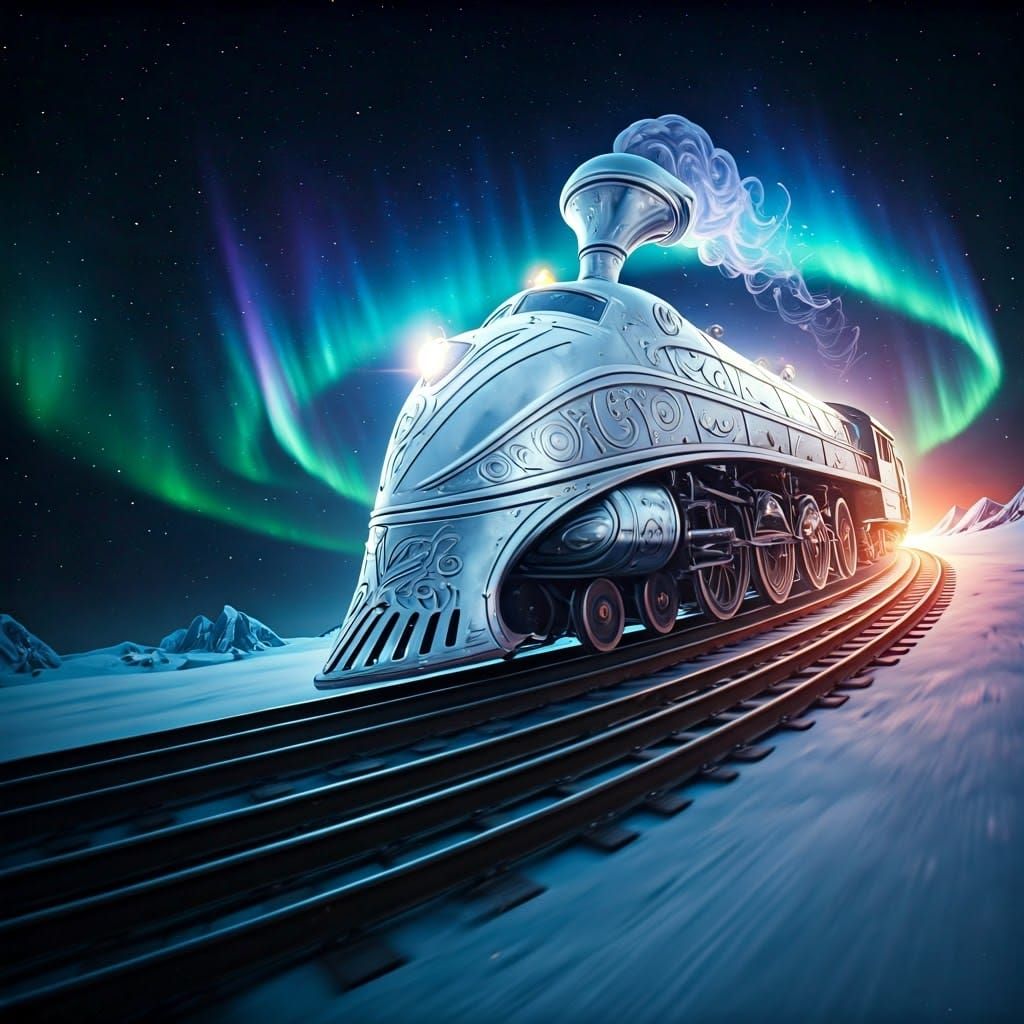 Silver Surfboard Locomotive Speeds Towards North Pole in Cos...