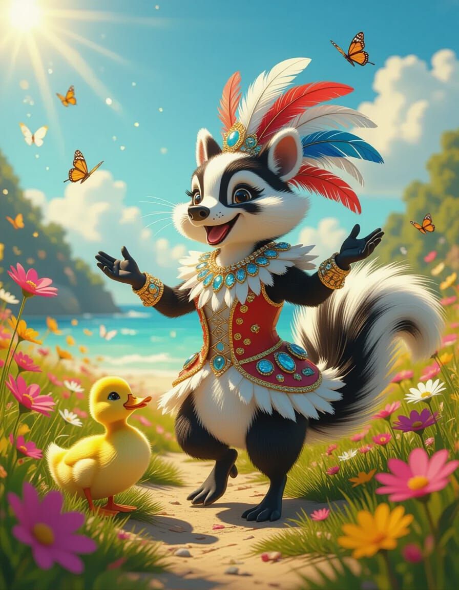 Skunk Dancing in Flower Meadow in 3D Style