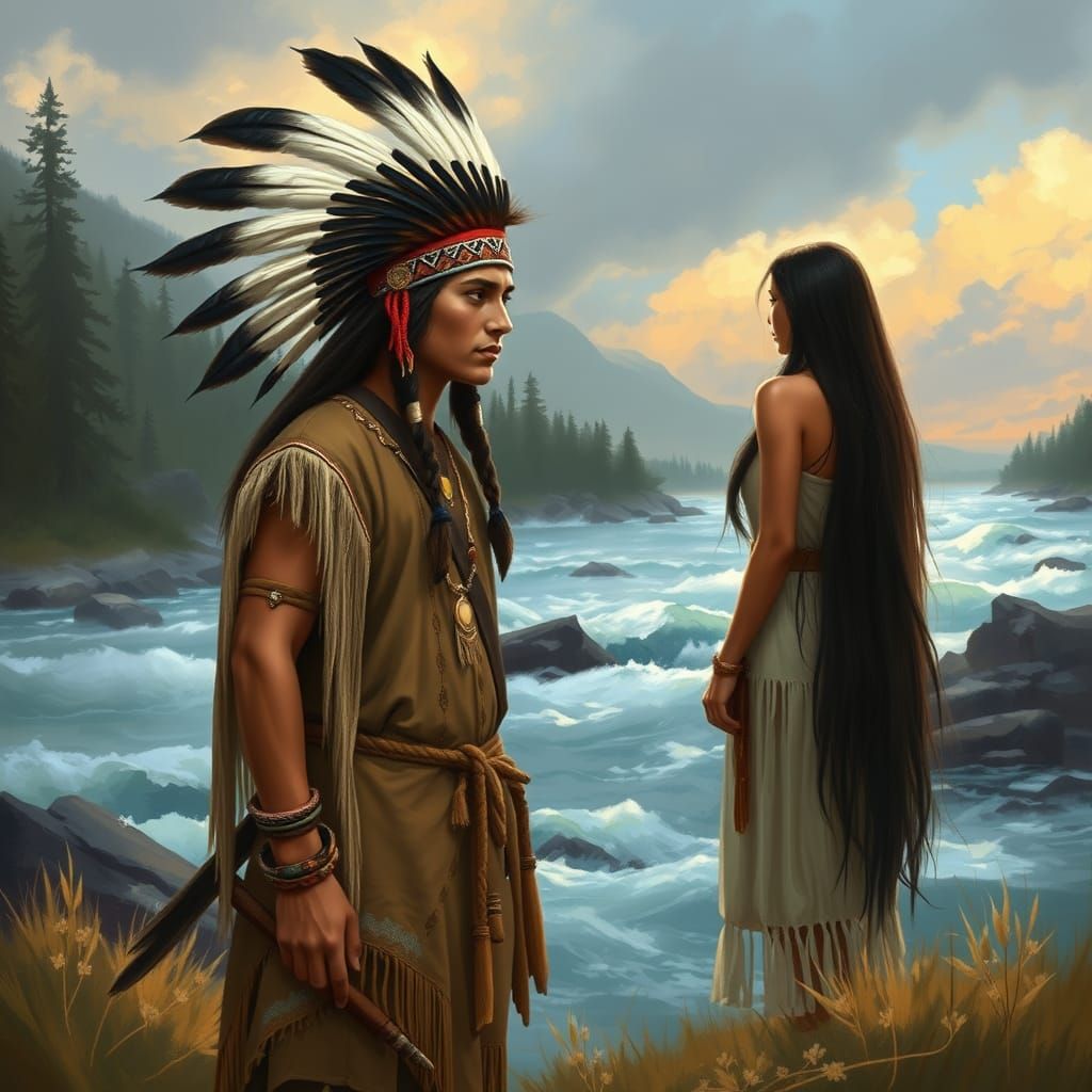 Native American Warrior Standing Proud on Riverbank in Tradi...