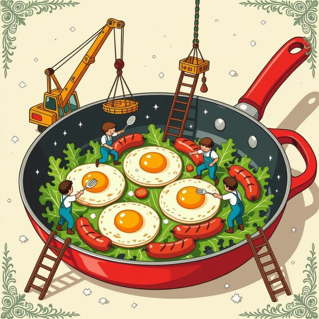 Whimsical Cooking Scene in a Giant Frying Pan