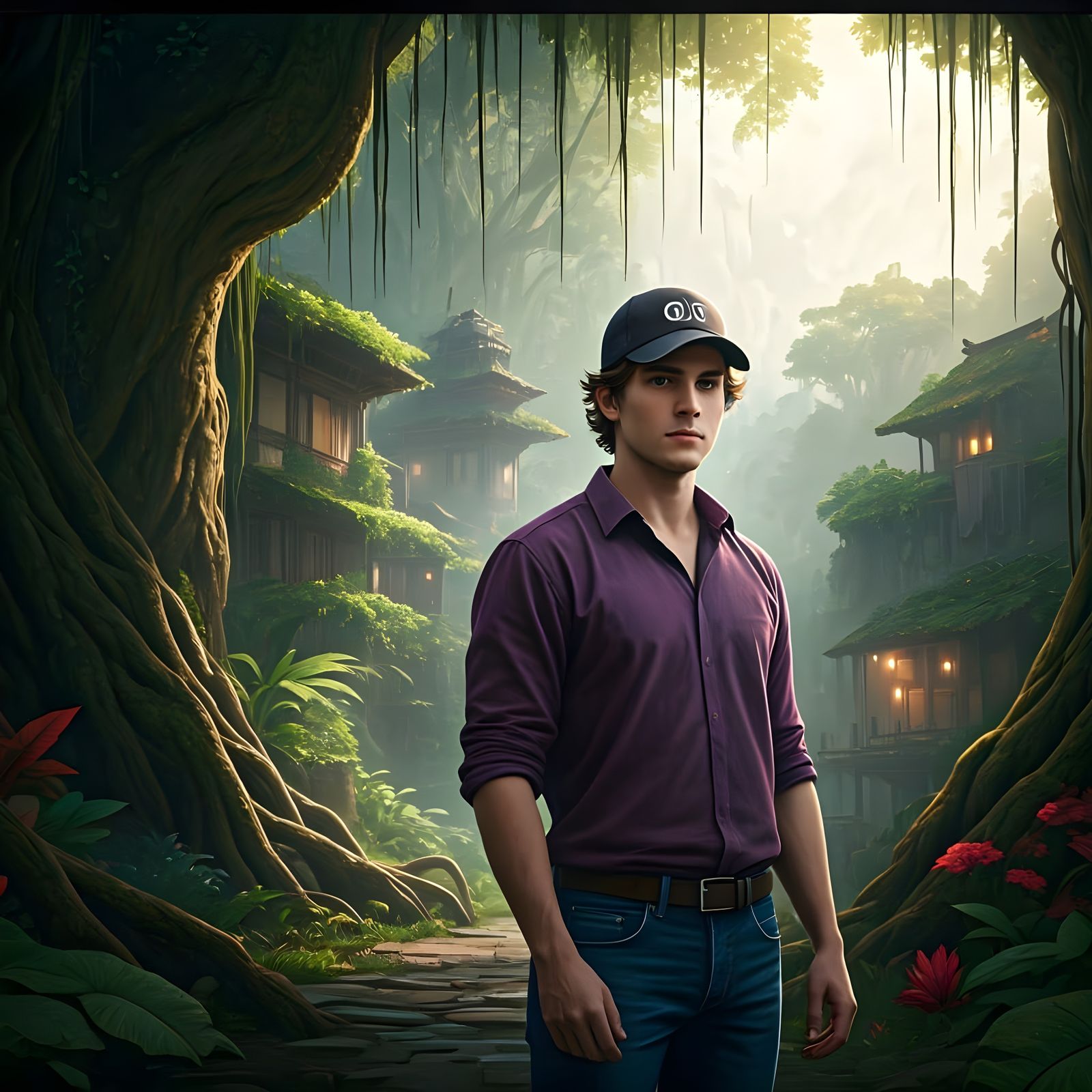 Confident Explorer in a Lush Jungle Oasis