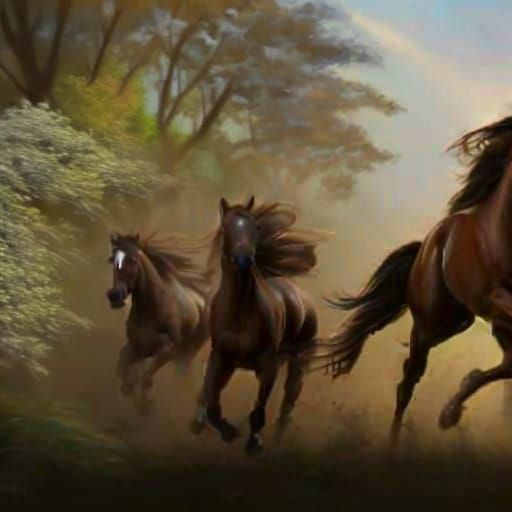 Dramatic Scene of Wild Horses Galloping in a Forest Gully