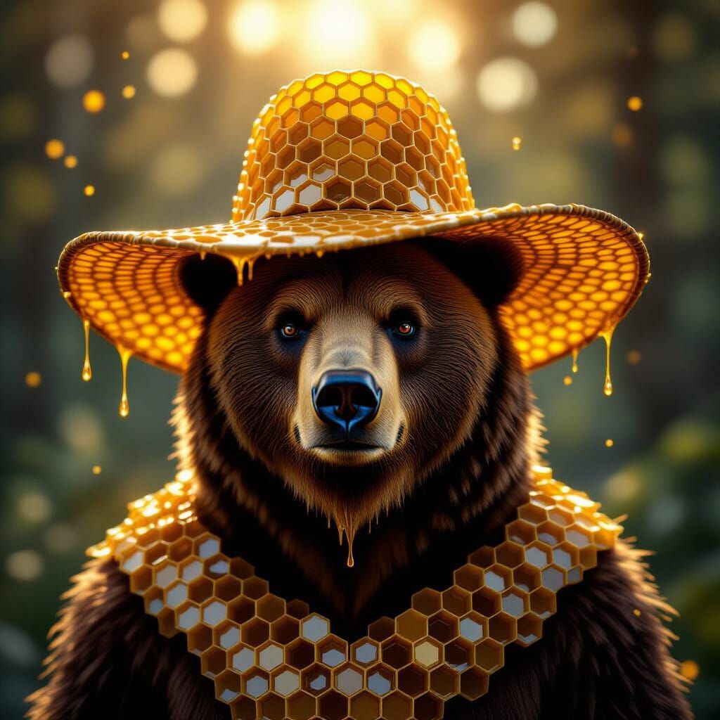 Majestic Bear in Honeycomb Hat with Sparkling Honey
