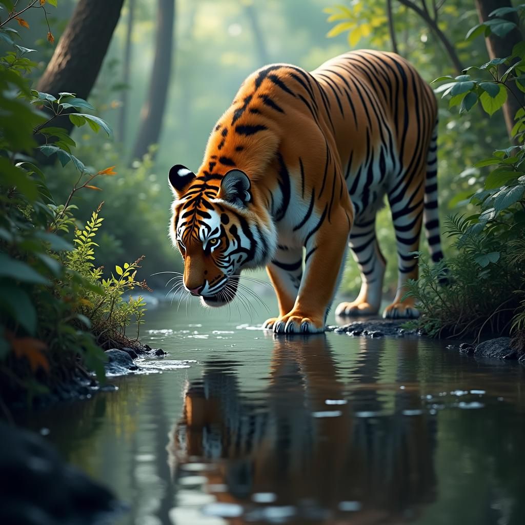Tiger in Jungle Stream Contemplates His Reflection