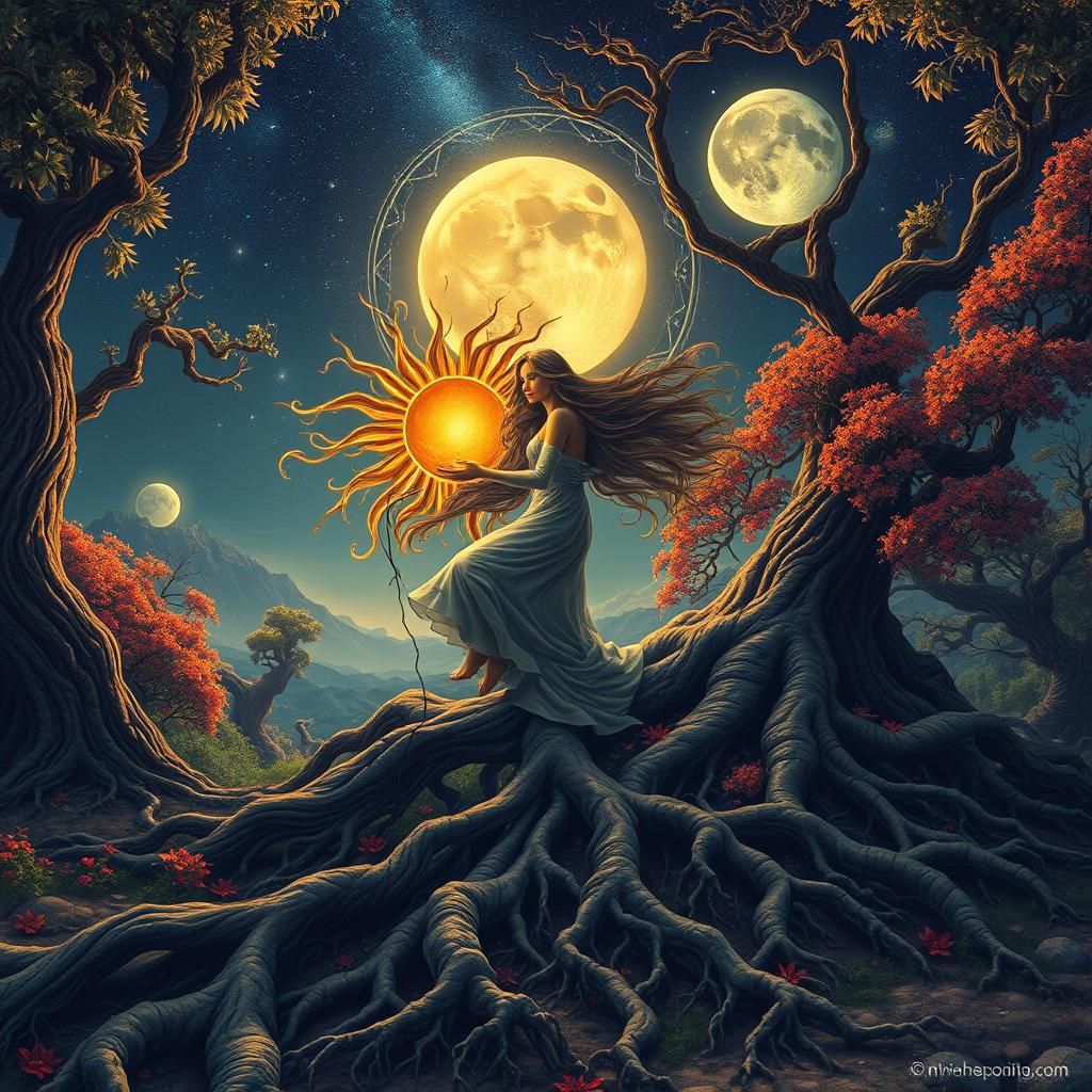 Woman in Whirling Hair Deposits Glowing Celestial Bodies in....