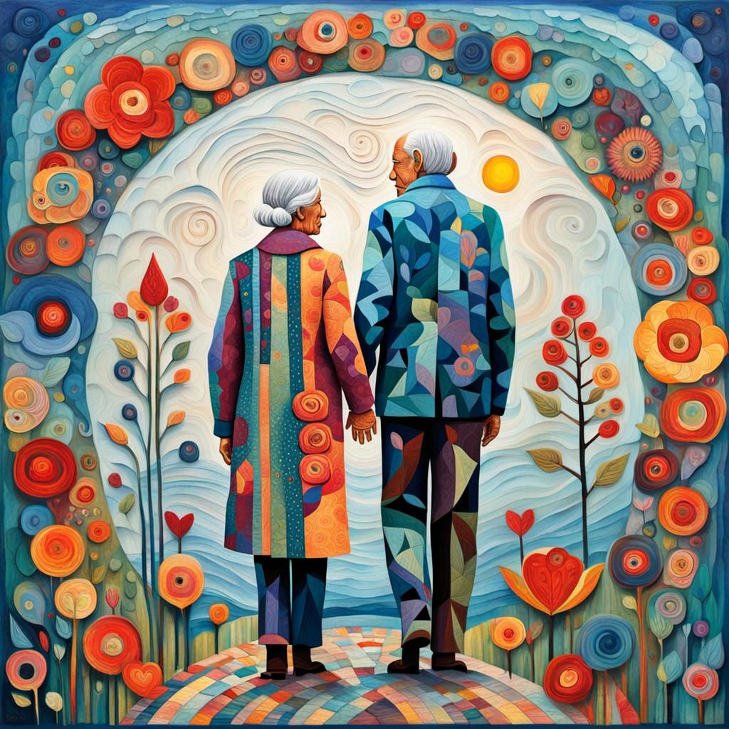 Whimsical Elderly Couple in Neo-Impressionist Style