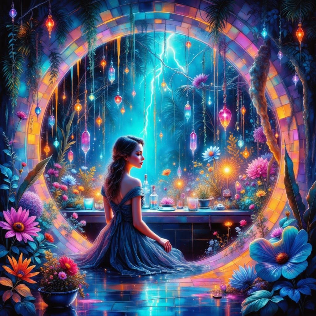 Gouache Painting of Woman in Bioluminescent Alien Garden