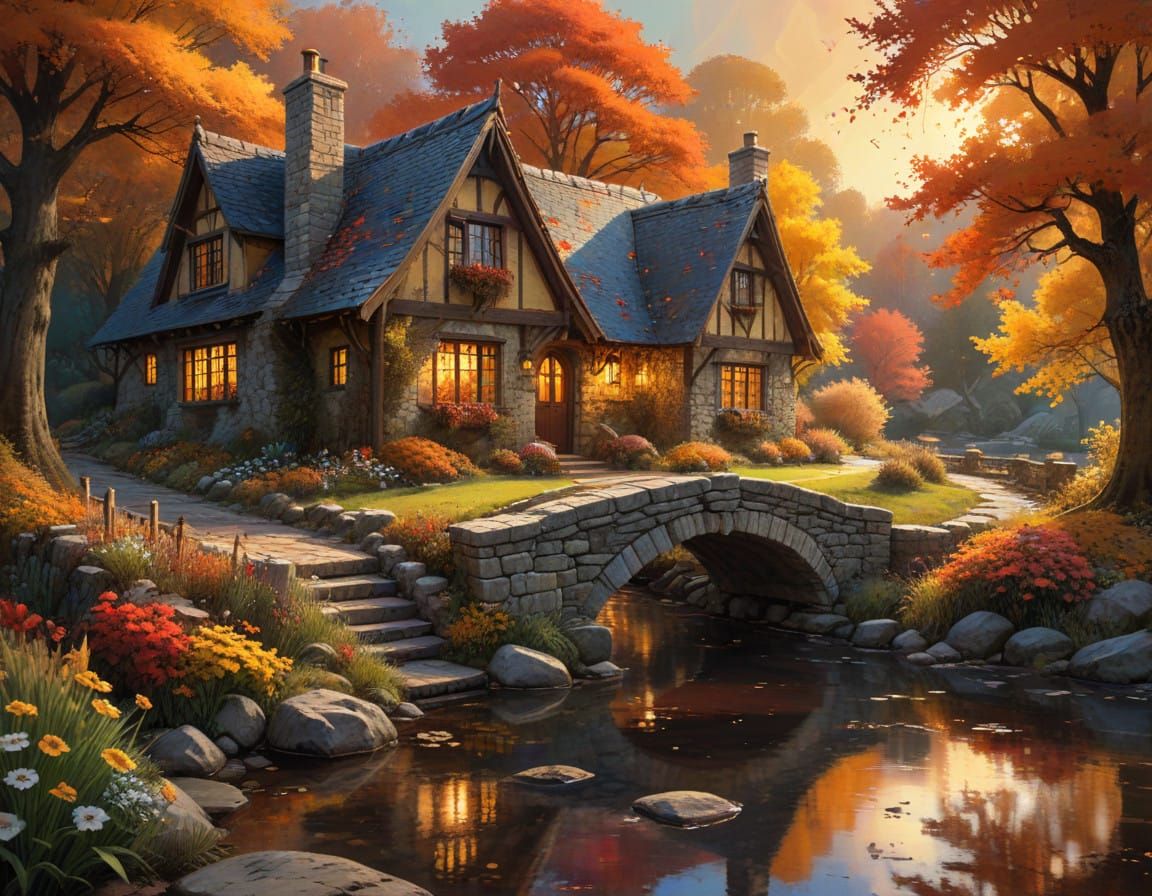 Surreal Autumn Cottage Scene in Vibrant Colors