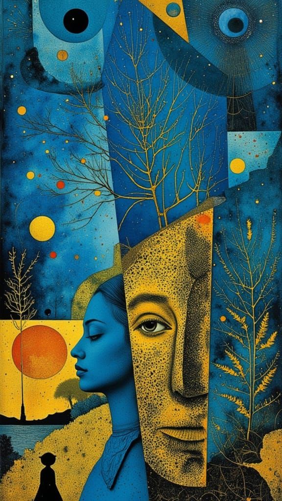 Ethereal Gothic Scene in Vibrant Blues and Gold