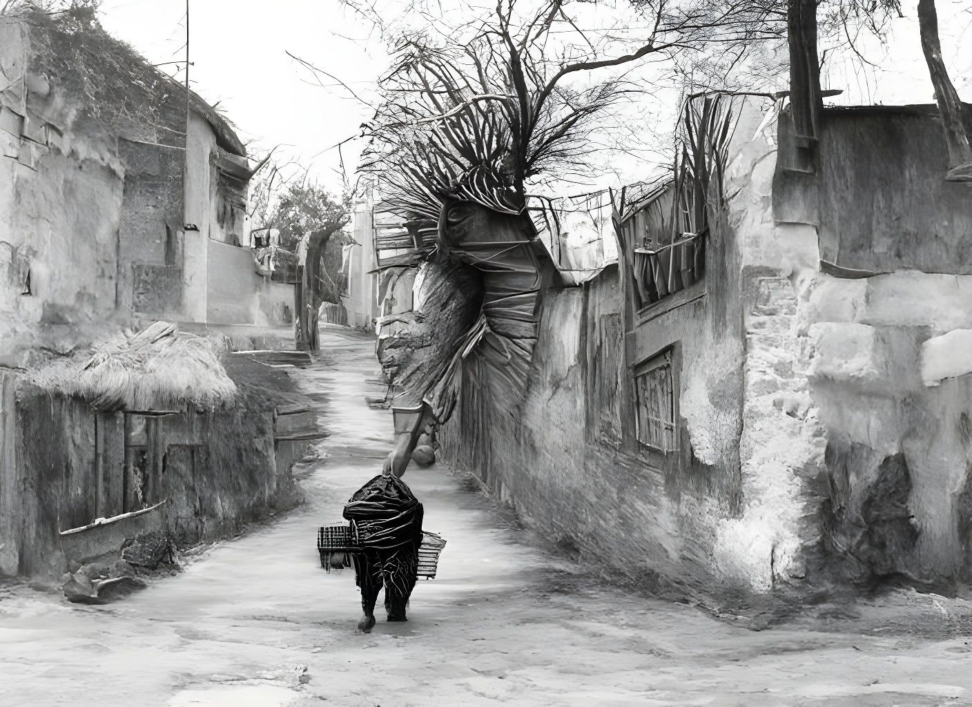 Charcoal Village Scene: Elderly Man Carries Baskets Down Cob...
