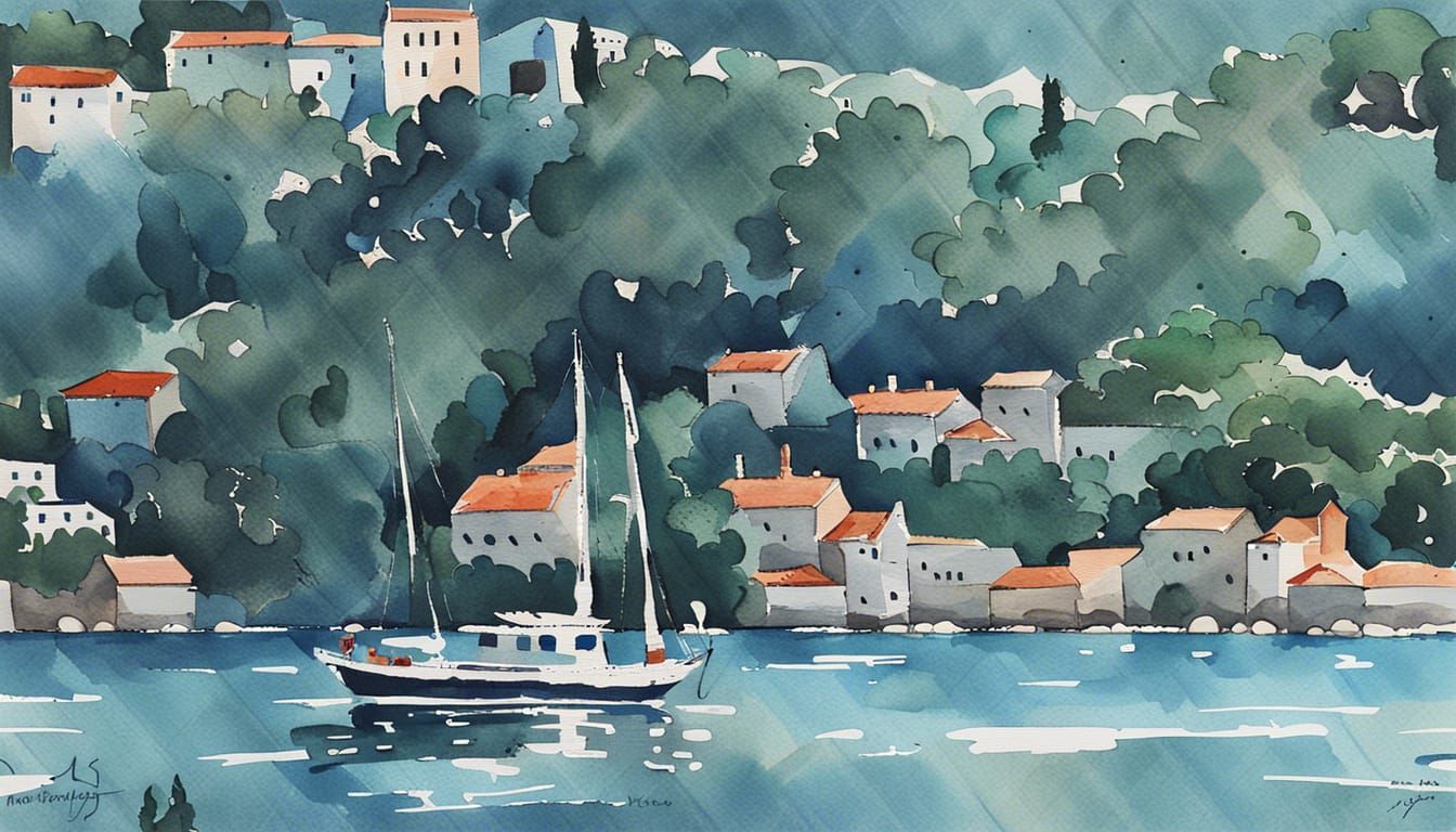 Impressionist Adriatic Shore with Simple Watercolor Brush St...