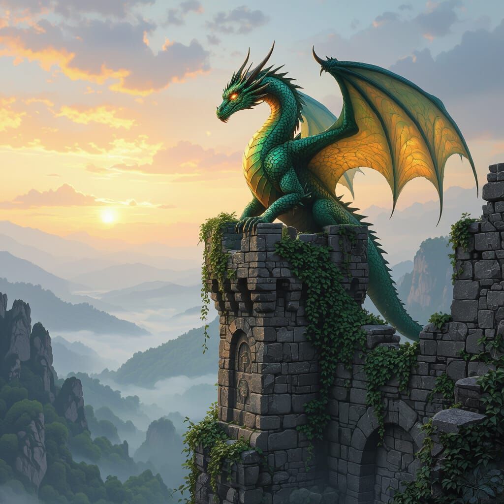 Emerald Dragon Overlooks Misty Valley at Dawn