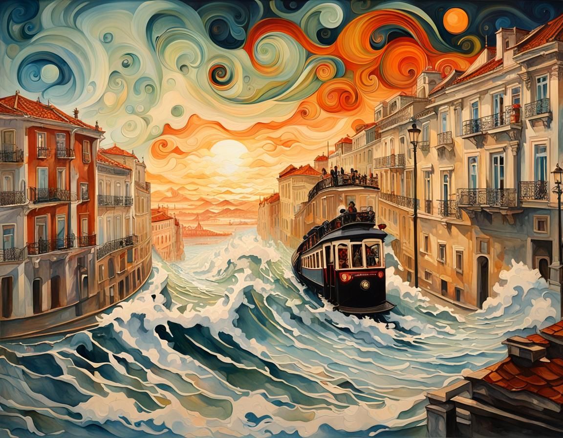 Surreal Lisbon Wavepunk Painting with Crashing Waves