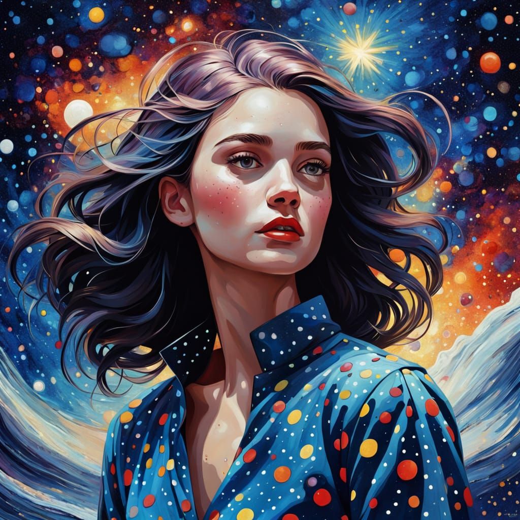 Polka Dot Dress in Starry Galaxy, Impasto Painting