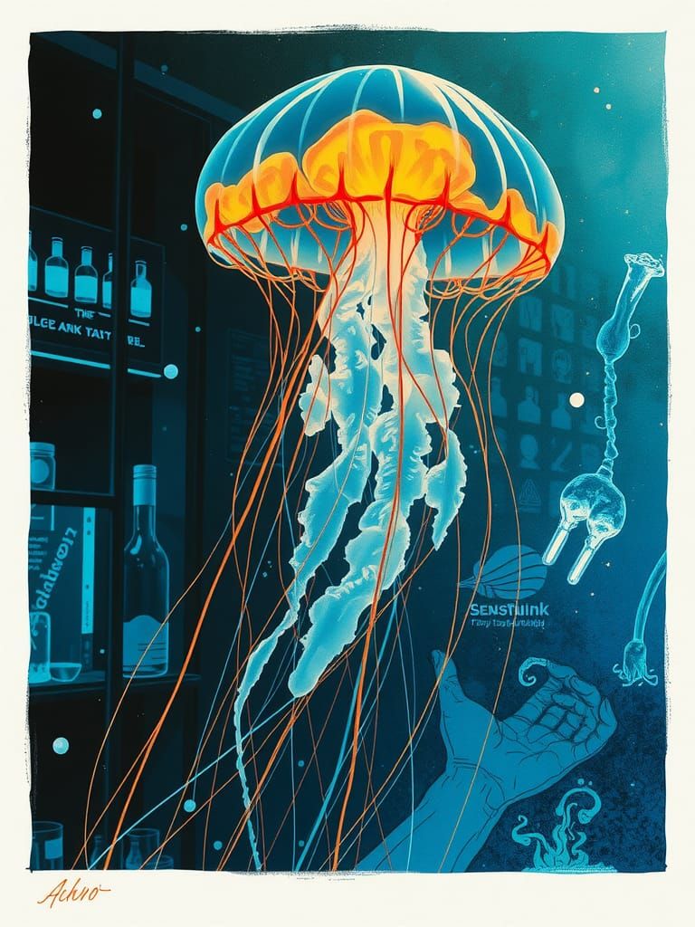Bioluminescent Jellyfish in a Cyberpunk Laboratory