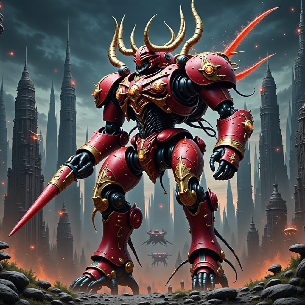 Glowing Red Mecha Assaults Battle Field in Cyberpunk Style