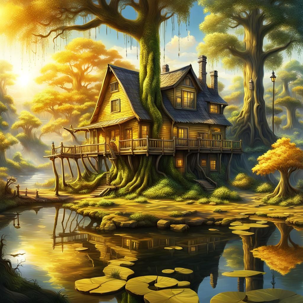 Vibrant Jungle Abodes Amidst the Golden Hues