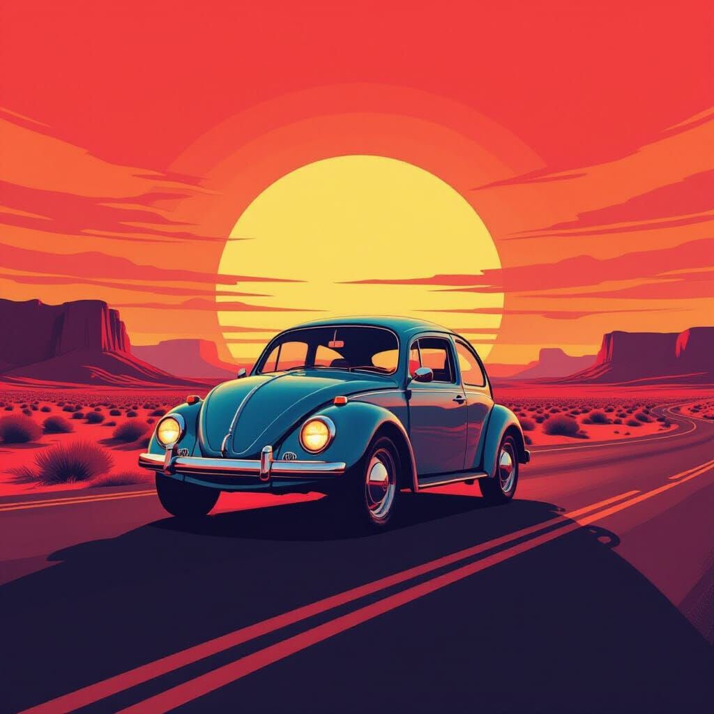 Beetle Silhouette at Sunset on Desert Highway