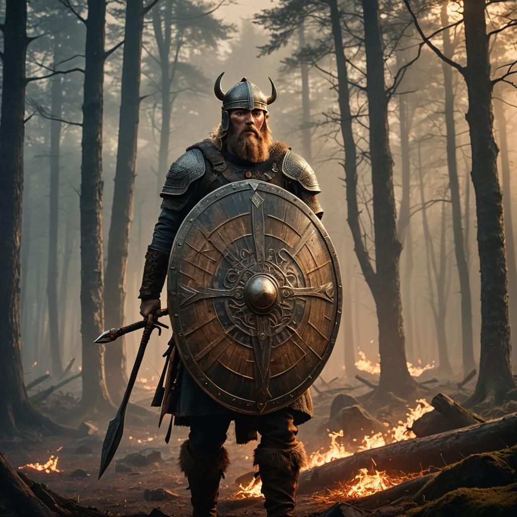 Viking Soldier in Ancient Mystical Forest, Clad in Norse Arm...