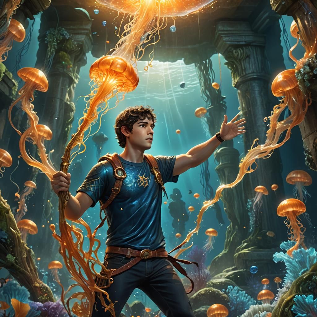 Percy Jackson in Ancient Underwater Temple, Wielding Trident...