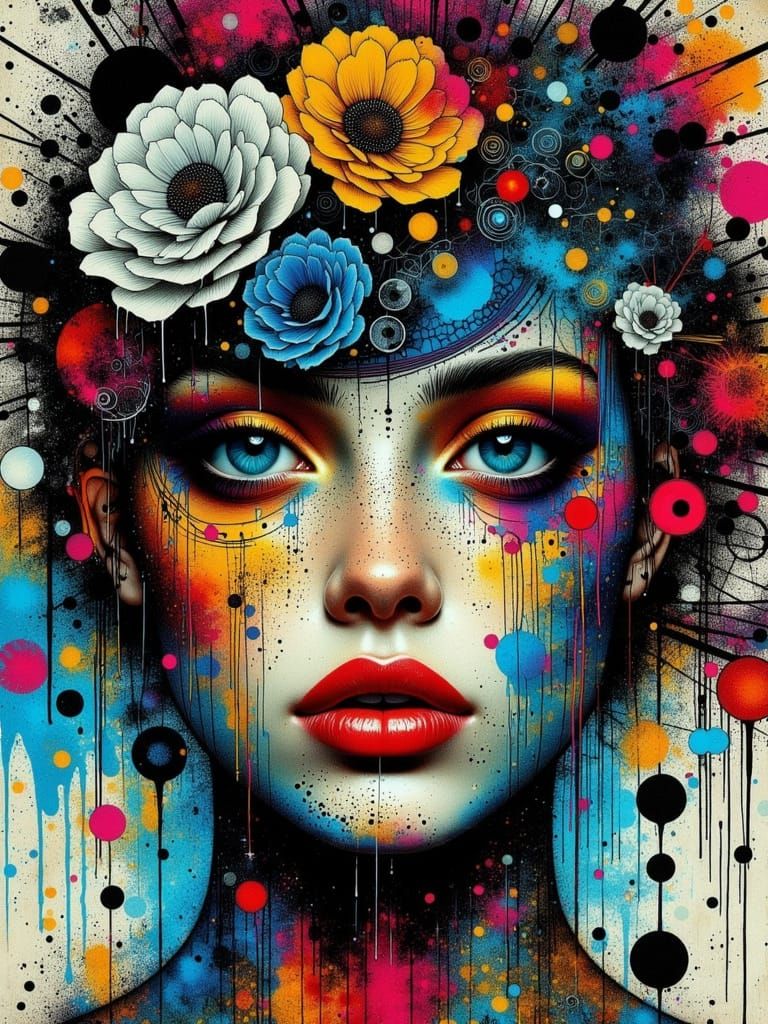 Abstract Woman with Colorful Ink Drips