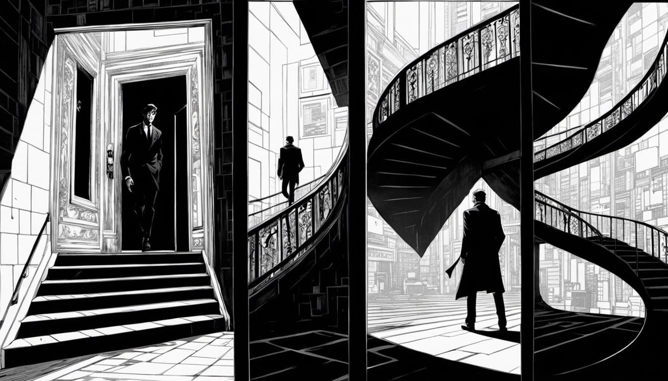 Mysterious Noir Comic with Shadowy Pursuit and Endless Stair...