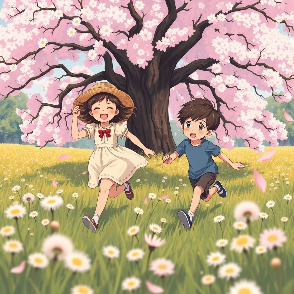 Joyful Children Chase Each Other Through Vibrant Cherry Blos...