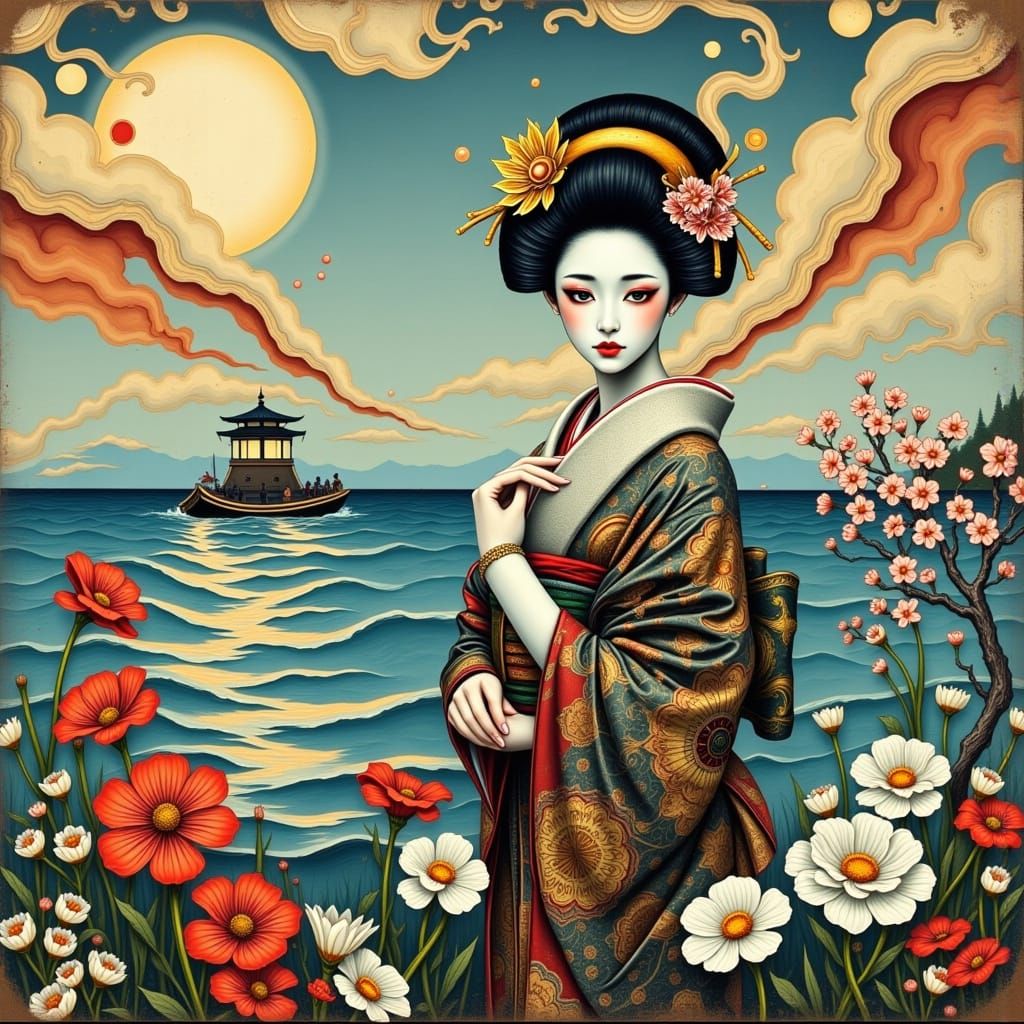 Elegant Samurai and Geisha in a Serene Seascape